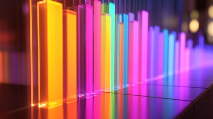 Leinwandbilder - Colorful D bar graph with tall, transparent bars on a reflective surface, casting shadows and illuminated by soft ambient lighting