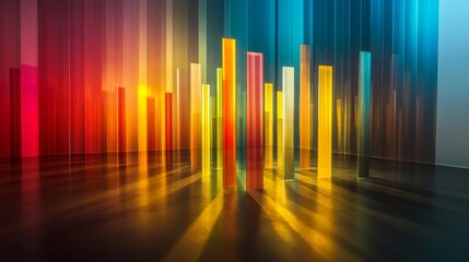 Leinwandbilder - Colorful D bar graph with tall, transparent bars on a reflective surface, casting shadows and illuminated by soft ambient lighting
