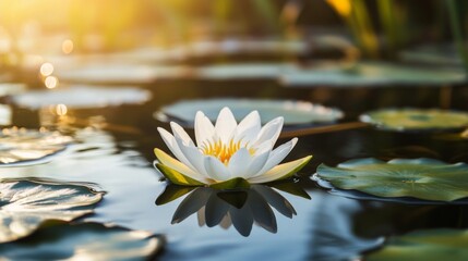 Poster - Delicate white lotus flower floating on the water surface, with sunlight streaming through surrounding leaves, creating a peaceful scene
