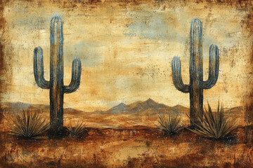 Two cacti in desert landscape with warm earthy tones