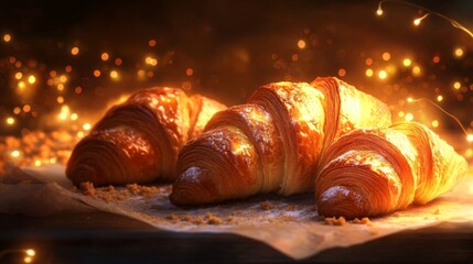 Poster - Freshly baked croissants with melted butter on top, glistening under warm lighting, surrounded by crumbs and baking paper