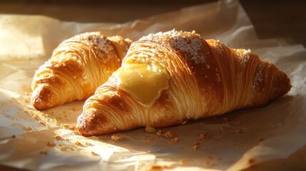 Poster - Freshly baked croissants with melted butter on top, glistening under warm lighting, surrounded by crumbs and baking paper