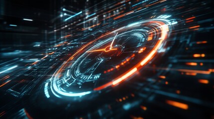 Poster - Futuristic digital speed gauge with glowing lines, needle pointing to maximum, set against a dark high-tech background