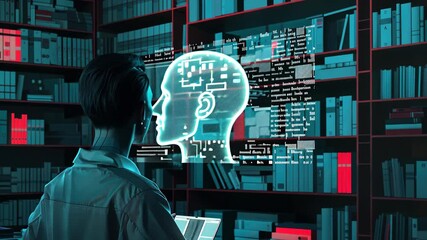 Poster - Unique interaction takes place in a modern library, showcasing AI technology visualizing thoughts and data in real-time
