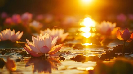 Poster - Golden sunset casting a warm glow over a lotus pond, illuminating the pink and white lotus blooms with calm reflections in the water