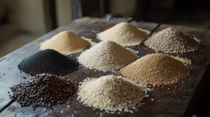 Poster - High-angle view of various raw grains in neat piles on a dark wooden background, showing rich colors and textures of natural grains