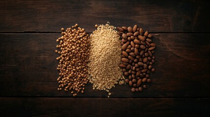 Poster - High-angle view of various raw grains in neat piles on a dark wooden background, showing rich colors and textures of natural grains