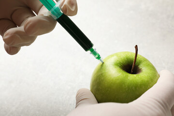Wall Mural - gmo concept. scientist injecting something into green apple at grey table, closeup