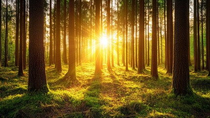 Poster - Sunset view with warm, golden sunlight streaming through a forest, illuminating the trees and creating a beautiful contrast