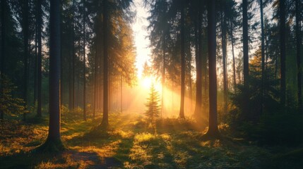 Poster - Sunset view with warm, golden sunlight streaming through a forest, illuminating the trees and creating a beautiful contrast