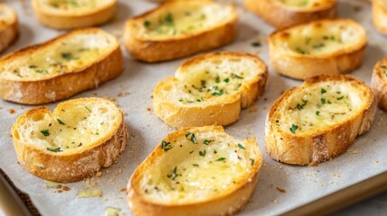 Leinwandbilder - Toasted baguette slices with garlic butter and herbs, arranged on a parchment-lined baking sheet, ready for a warm, savory snack