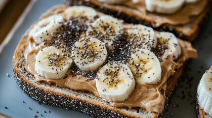 Poster - Toast topped with creamy peanut butter and banana slices, sprinkled with chia seeds, creating a nutritious and delicious breakfast option