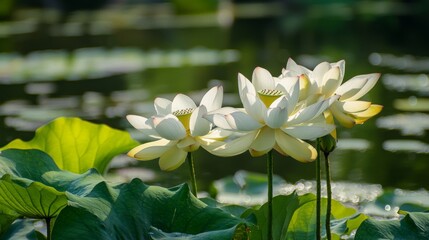 Poster - White lotus blossoms glowing in morning light, with their petals delicately layered above the green leaves on calm pond water