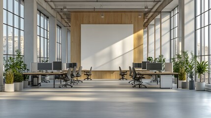 Wall Mural - Modern office interior with desks and chairs in an open space setting, featuring a blank white wall on the right for copy space. 3D Rendering,

