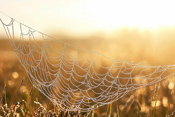 Close-up of a spider web adorned with glistening dew drops at sunrise in a tranquil meadow