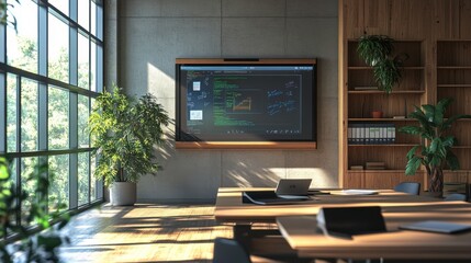 Poster - a modern office space featuring a large screen displaying code, surrounded by greenery and a well-fu