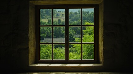 Aufkleber - A large window revealing only a small part of the world outside.