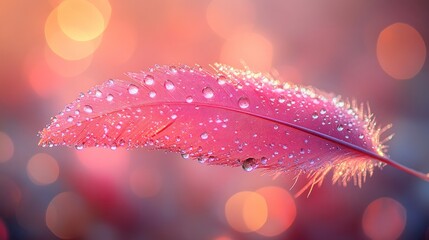 Canvas Print - Dewdrop-covered pink feather, warm sunset bokeh