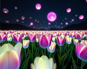 Wall Mural - A vibrant field of glowing tulips under a night sky, surrounded by colorful orbs, creating a magical and dreamy atmosphere.