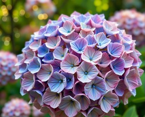 Wall Mural - A vibrant cluster of hydrangea flowers showcases delicate petals in shades of pink and blue, creating a stunning floral display.