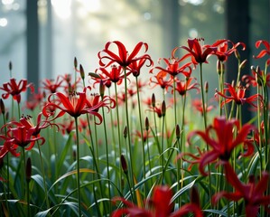 Wall Mural - A serene forest scene filled with vibrant red flowers, bathed in soft sunlight filtering through the trees, creating a tranquil and picturesque atmosphere.