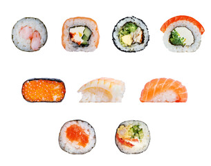 Wall Mural - Set of various sushi rolls close-up on a white background