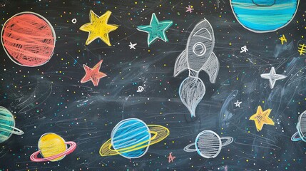 Wall Mural - a chalkboard drawing of planets, stars and a rocket in space.