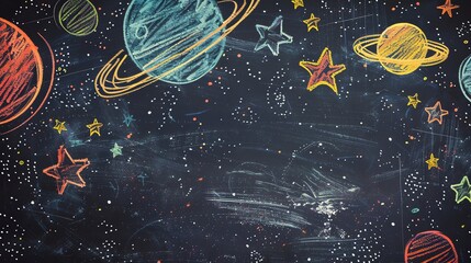 Wall Mural - a chalkboard drawing of planets, stars and a rocket in space.