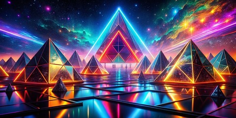 Poster - Abstract Neon Pyramid Lightscape: Surreal Night Scene Stock Photo