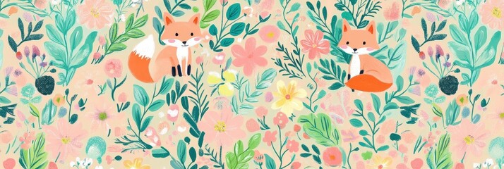 foxes in floral garden. textile design with animals. background pattern for baby products