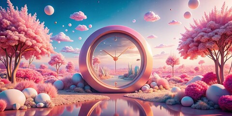 Poster - Abstract Pink 3D Clock Landscape - Surreal Timepiece in Dreamy Pink Scenery