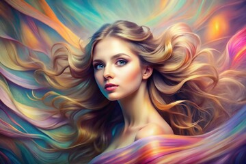 Poster - Abstract Wave Background Portrait Photography: Woman with Flowing Hair and Geometric Shapes