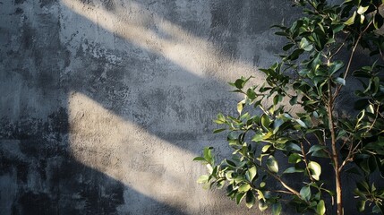 Wall Mural - Minimalist wall with natural shadows and green leaves