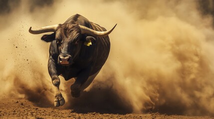 a powerful bull charging forward, dust flying beneath its hooves