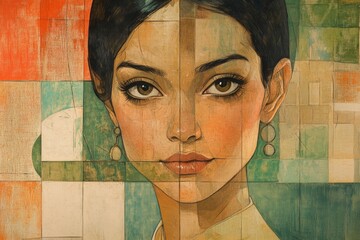 Aufkleber - Beautiful portrait of a young woman with striking features displayed in a colorful abstract background