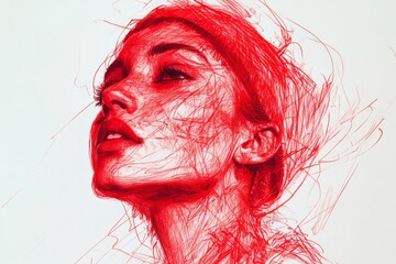 Aufkleber - Red thread artwork showcasing a woman's profile with intricate details and expressive features