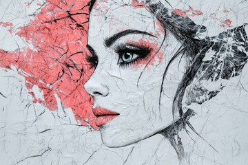 Aufkleber - Artistic portrayal of a woman’s face with textured elements and vibrant colors in a modern design