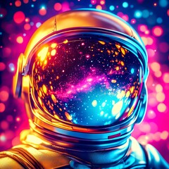 Poster - close view of the reflection on a astronaut cap with a mirrored visor of the galaxy stunning colors