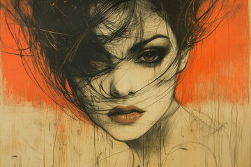 Aufkleber - Beautiful portrait of a woman with flowing hair and dramatic makeup against a vibrant orange background