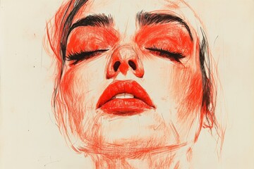 Poster - Artistic representation of a woman's face with bold red tones and expressive features in a close-up sketch