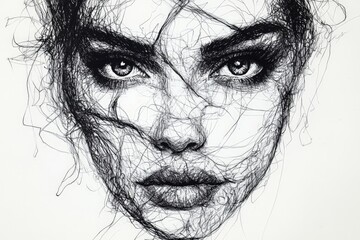 Poster - Intricate line art portrait of a woman with captivating features and mesmerizing eyes created using delicate strands of ink