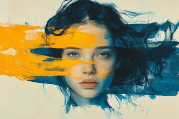 Poster - Portrait of a young woman with flowing hair and vibrant abstract colors in the background
