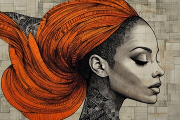 Aufkleber - Vibrant mural depicting a woman's profile with striking orange hair in an urban setting showcasing artistic talent