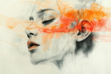 Poster - Woman's profile captured in expressive art featuring vibrant colors and delicate lines on a minimalist background