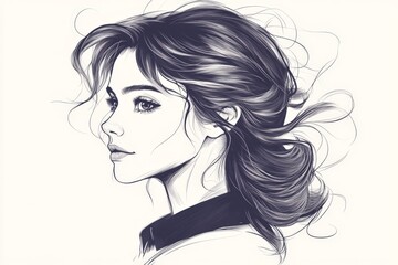 Poster - Portrait of a young woman with flowing hair in a minimalistic style showing elegance and grace