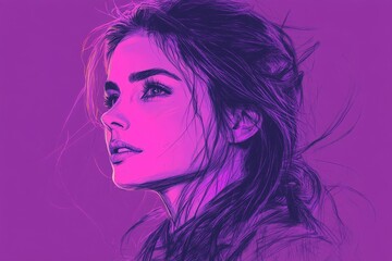 Poster - Artistic portrait of a woman with long hair in a purple background showcasing elegant facial features and thoughtful expression