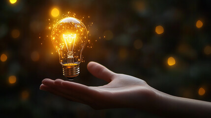 Wall Mural - A glowing light bulb floating above an open hand.