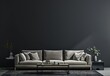 © kuuro - A minimalist living room interior with a grey sofa. a black coffee table and two black end tables in front of a dark grey wall
