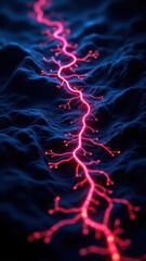 Wall Mural - Vagus Nerve Stimulation - A close-up view of a red neural pathway on a textured blue surface, representing the human brain's connections.