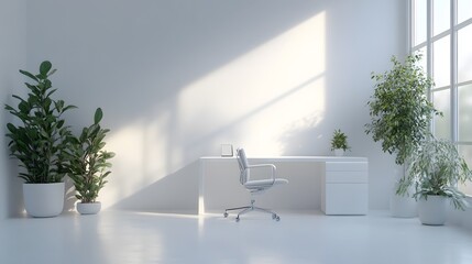 Wall Mural - Modern office interior with desks and chairs in an open space setting, featuring a blank white wall on the right for copy space. 3D Rendering,

